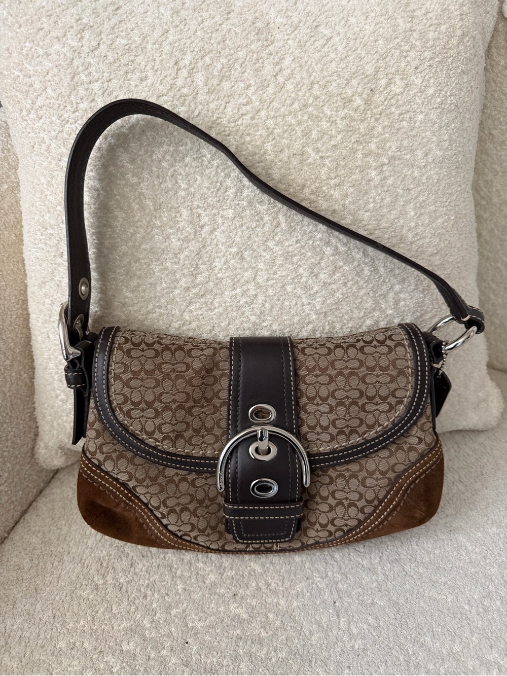 Coach Brown Monogram Canvas Shoulder Bag with Dark Leather Trim